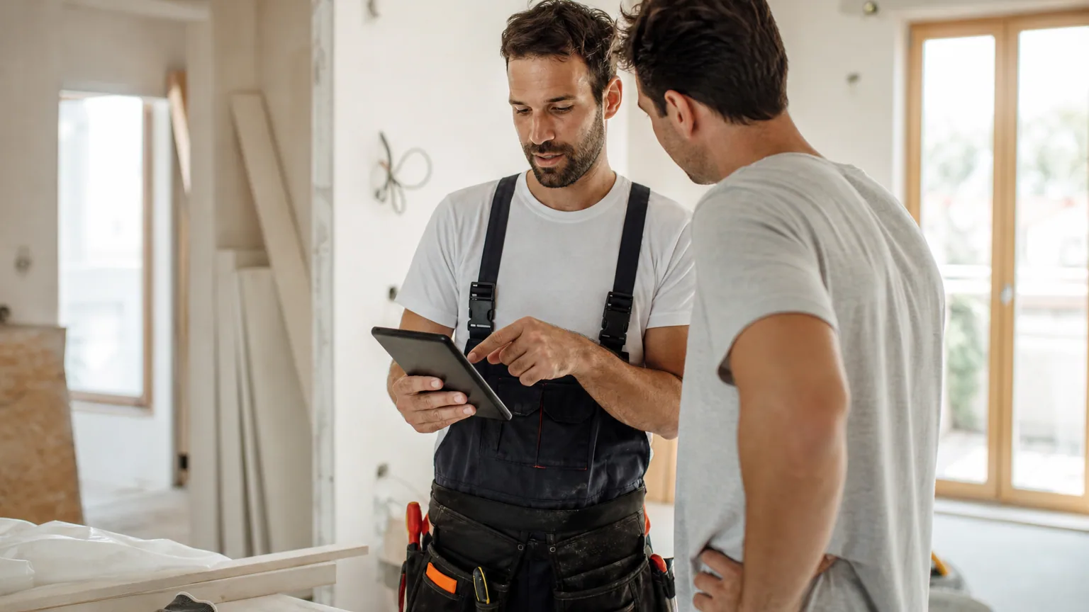 Artisan indépendant remplissant un devis sur une tablette face à un client dans un intérieur en rénovation