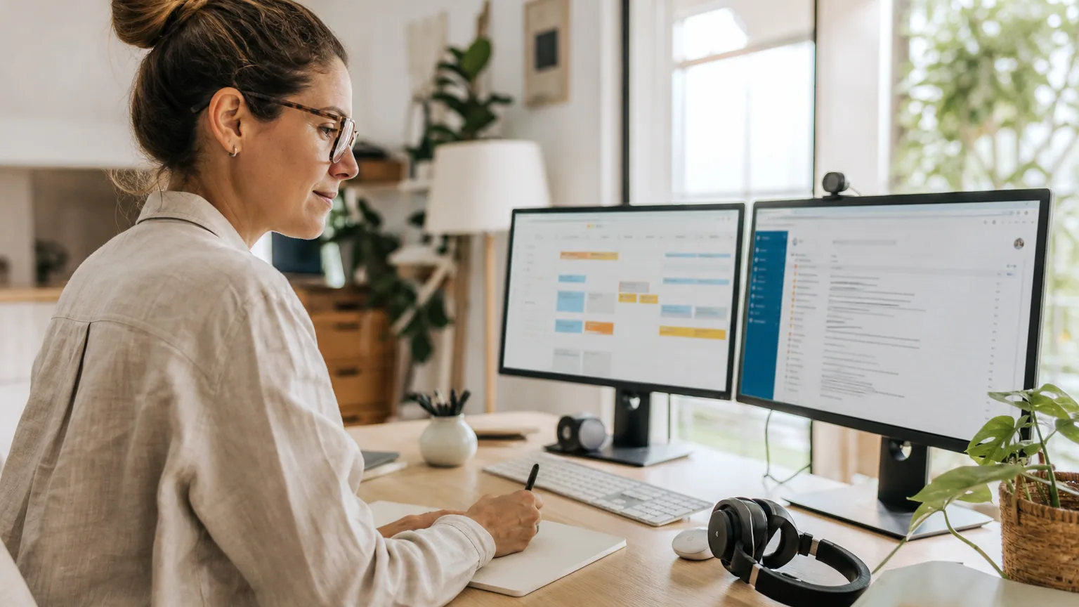 Assistante virtuelle indépendante travaillant depuis son bureau à domicile, plusieurs écrans affichant un agenda et une messagerie professionnelle