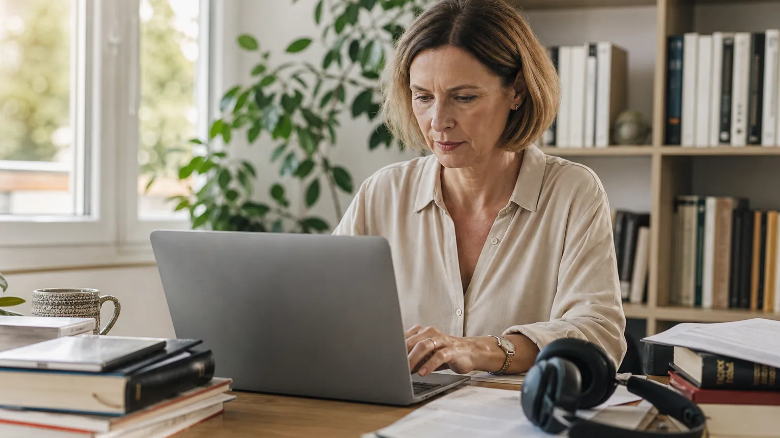 Traductrice indépendante travaillant sur deux écrans dans un bureau lumineux, dictionnaires et casque d'interprétation à portée de main