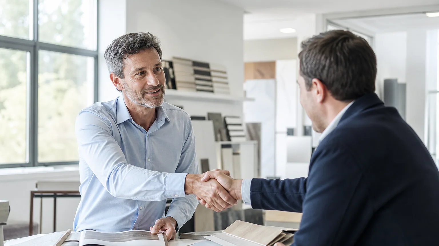 Agent commercial indépendant présentant un catalogue de produits à un client professionnel dans un showroom lumineux