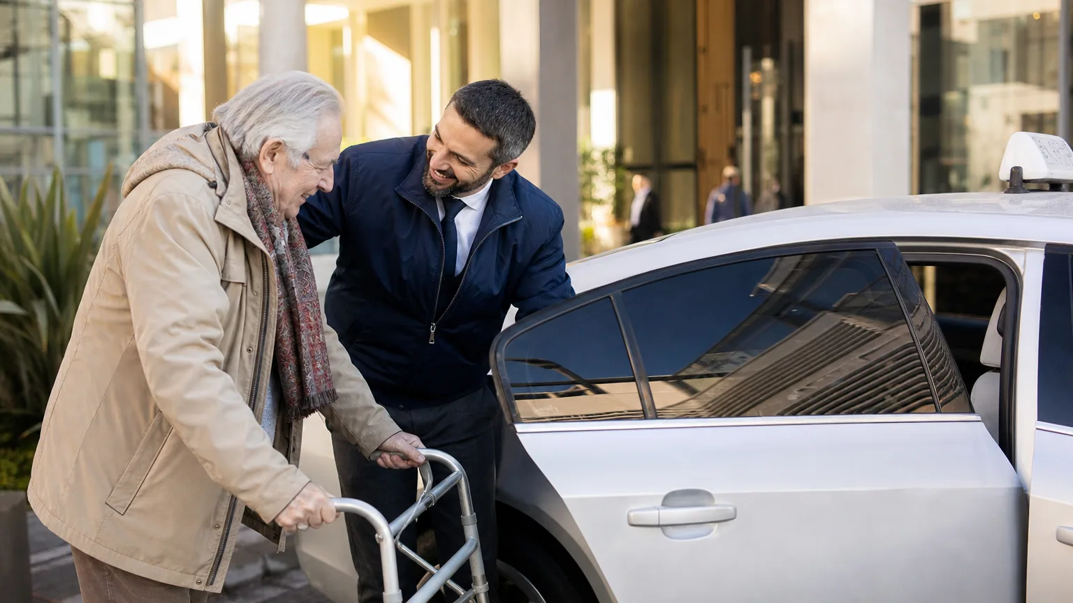 Chauffeur de taxi conventionné aidant un patient âgé à monter à bord de son véhicule devant un centre médical