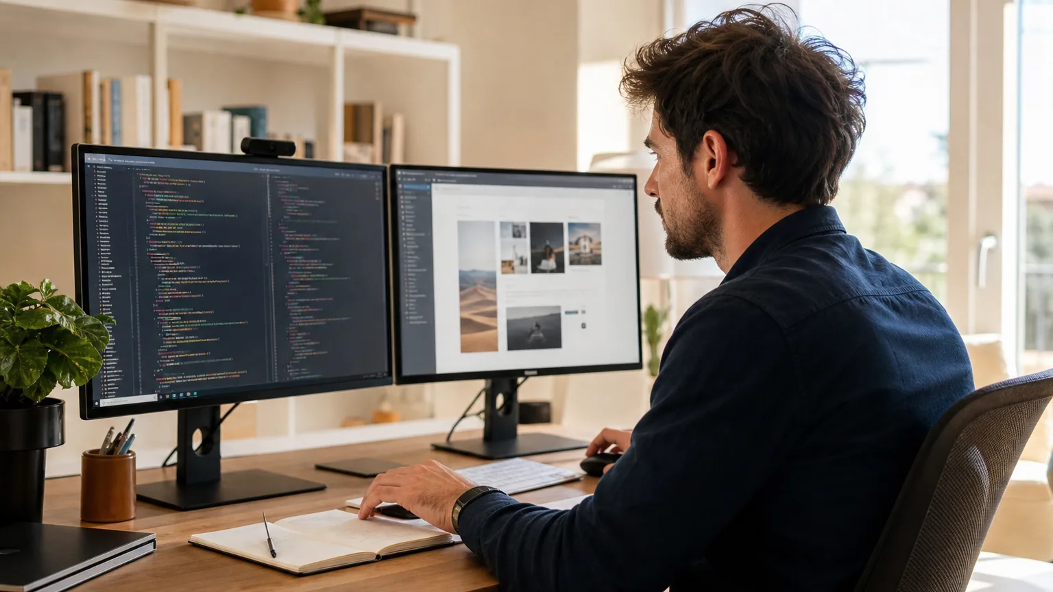 Développeur web indépendant codant sur deux écrans dans un bureau lumineux, lignes de code et maquette de site affichées
