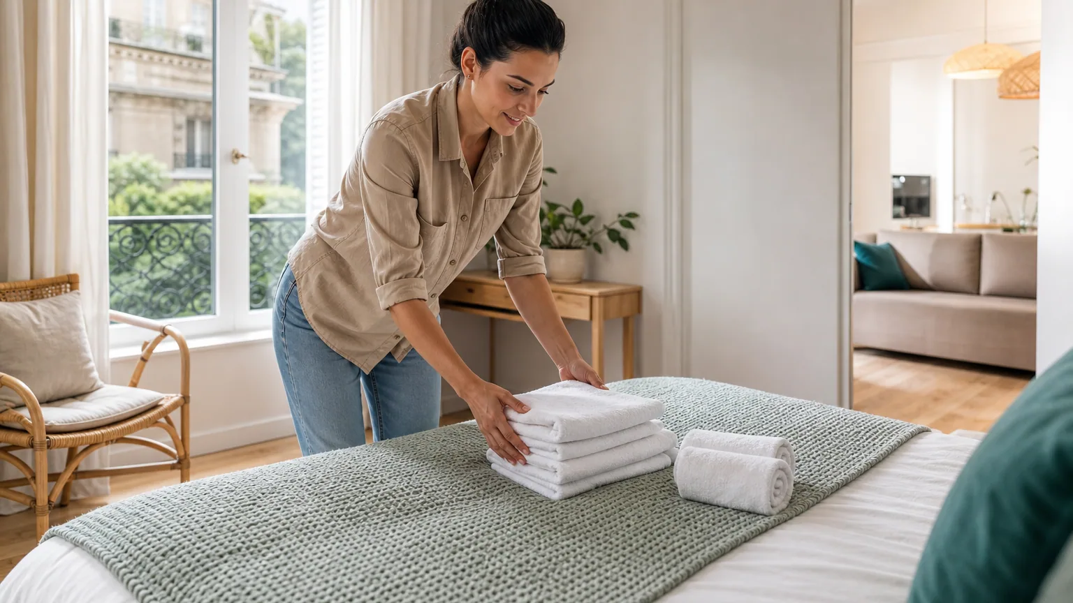 Personne préparant un appartement de location courte durée, pliant du linge et disposant des serviettes propres avant l'arrivée de voyageurs