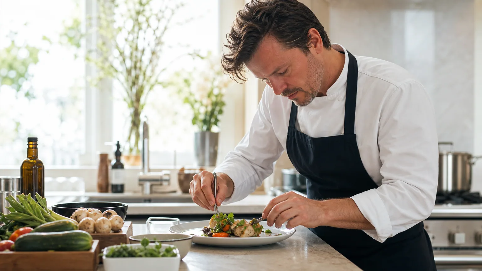 Chef à domicile préparant un plat dans une cuisine chez un client, ingrédients frais disposés sur le plan de travail