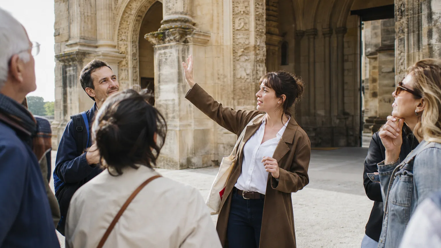 Guide-conférencier indépendant commentant l'architecture d'un monument historique devant un petit groupe de visiteurs attentifs