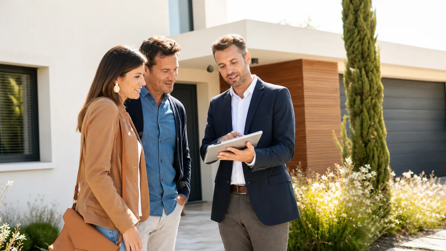 Mandataire immobilier indépendant présentant un bien à un couple de futurs acquéreurs devant une maison