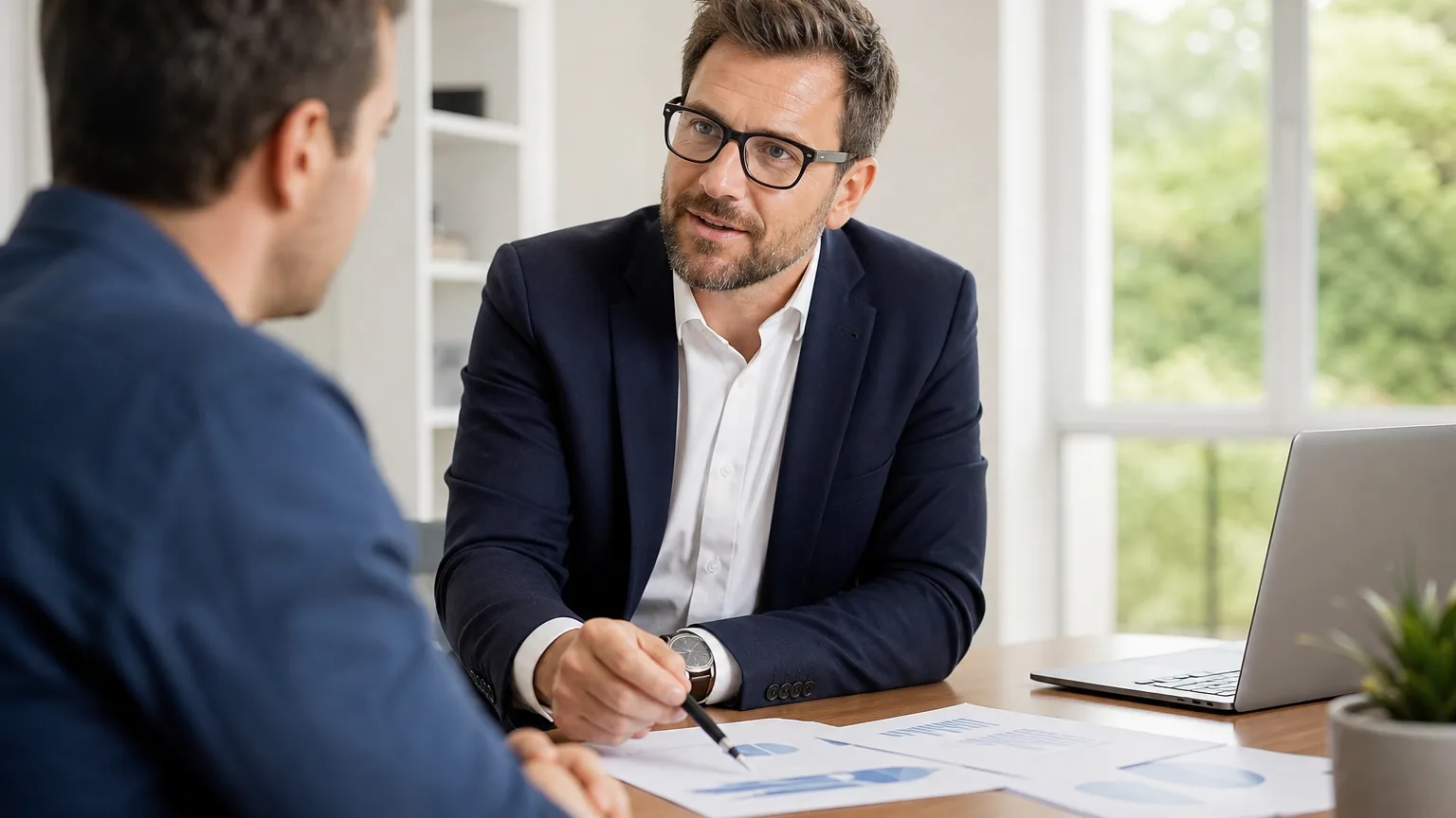 Courtier en crédit indépendant présentant des offres de financement à un client dans un bureau lumineux, ordinateur et documents financiers sur la table