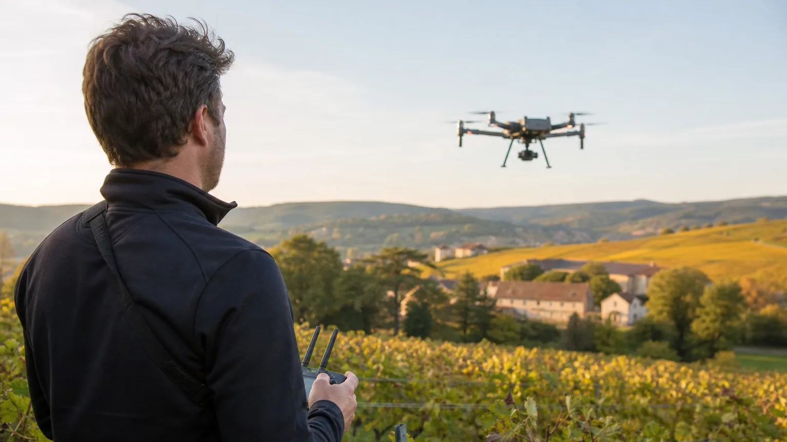 Télépilote de drone professionnel pilotant un drone à l'aide d'une radiocommande dans un champ, drone en vol au-dessus d'un paysage