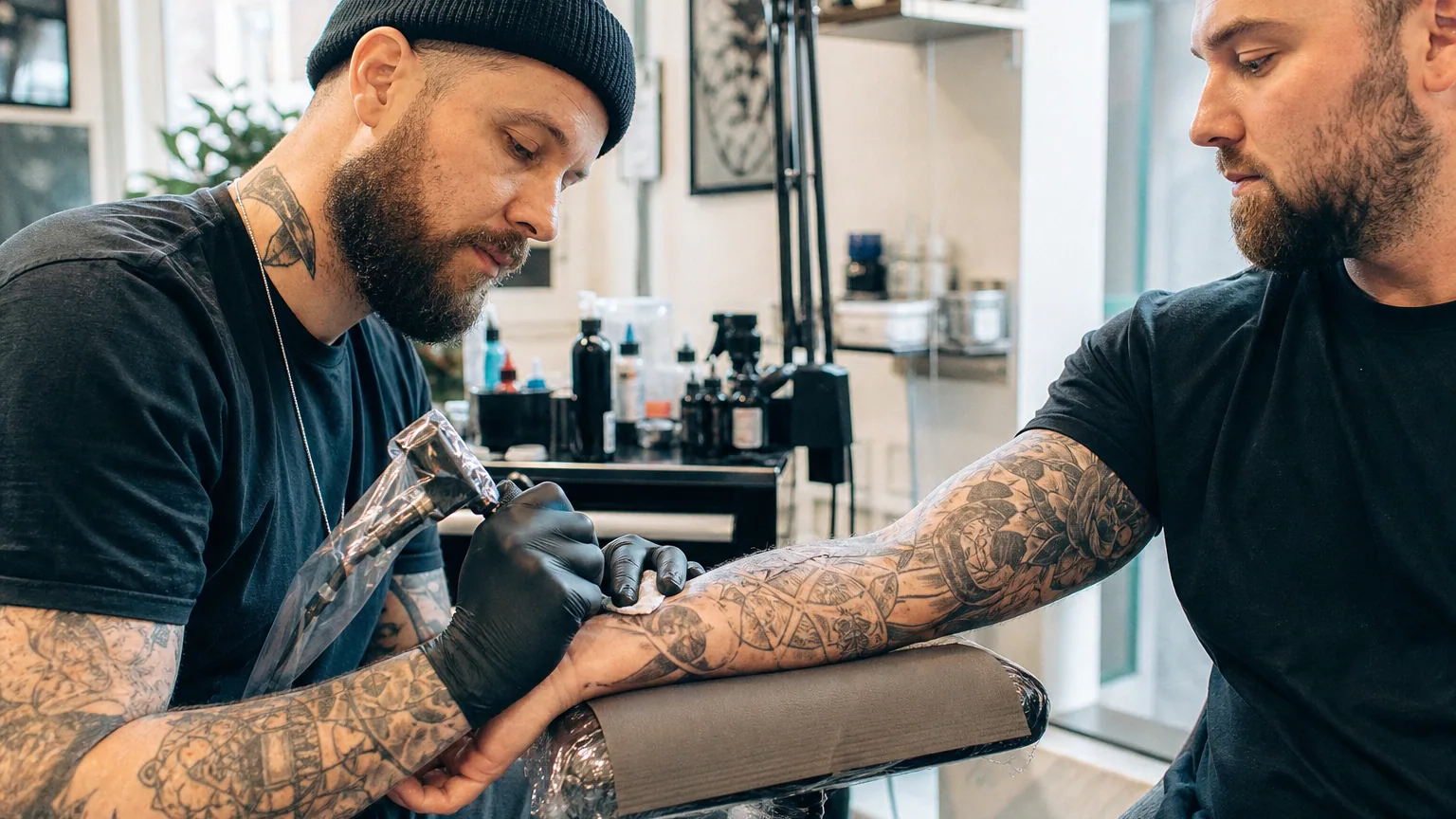 Tatoueur indépendant réalisant un tatouage sur l'avant-bras d'un client dans un studio propre et bien éclairé