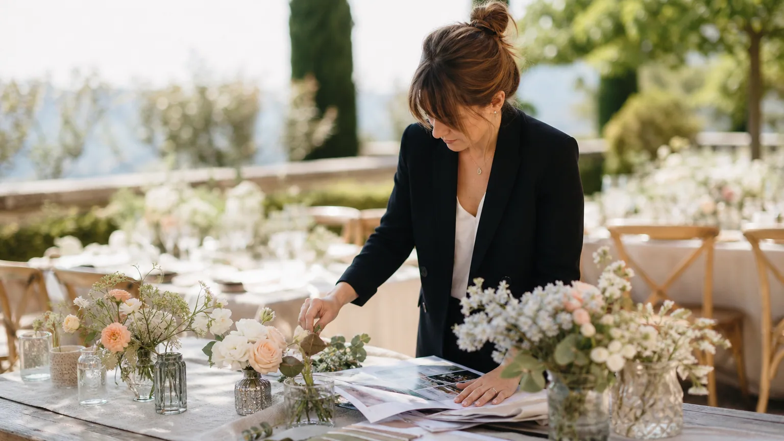 Wedding planner indépendante organisant une décoration de mariage en extérieur, planning et échantillons de fleurs sur une table
