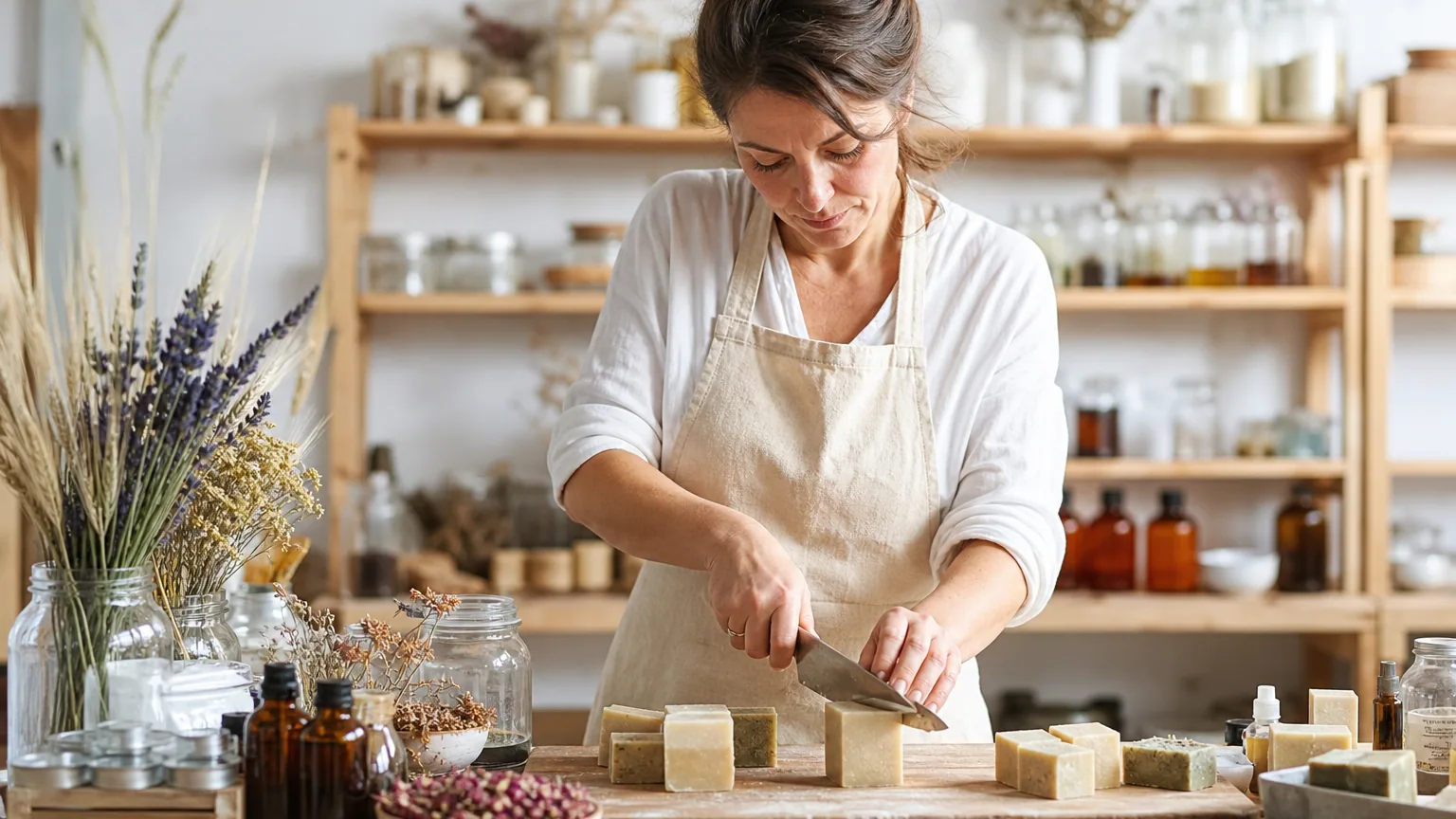 Savonnière artisanale découpant des savons faits main sur un plan de travail en bois, ingrédients naturels et huiles essentielles à proximité