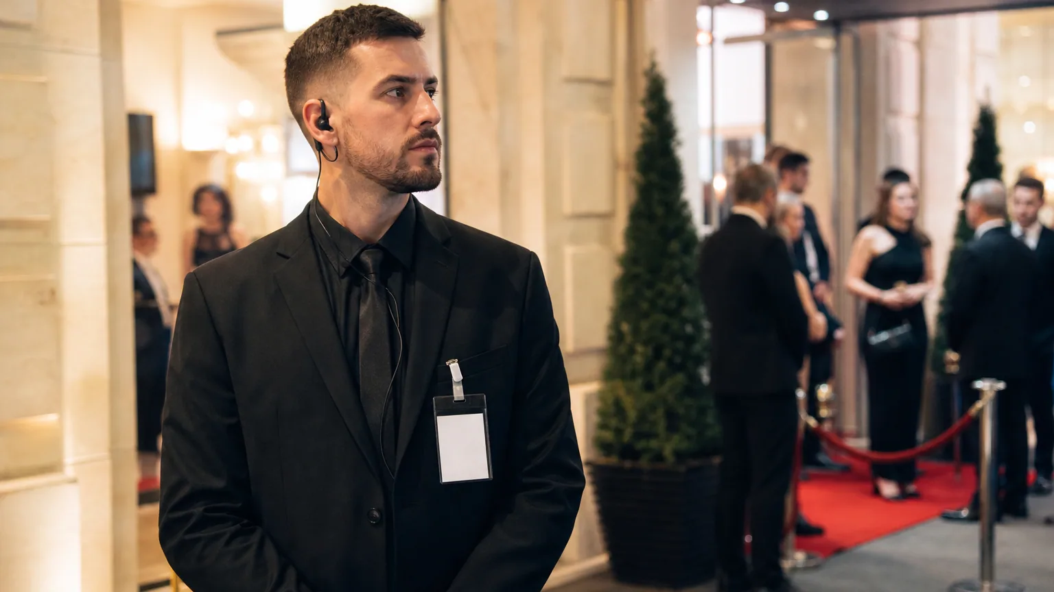 Agent de sécurité privée en tenue professionnelle surveillant l'entrée d'un événement, oreillette et badge visibles