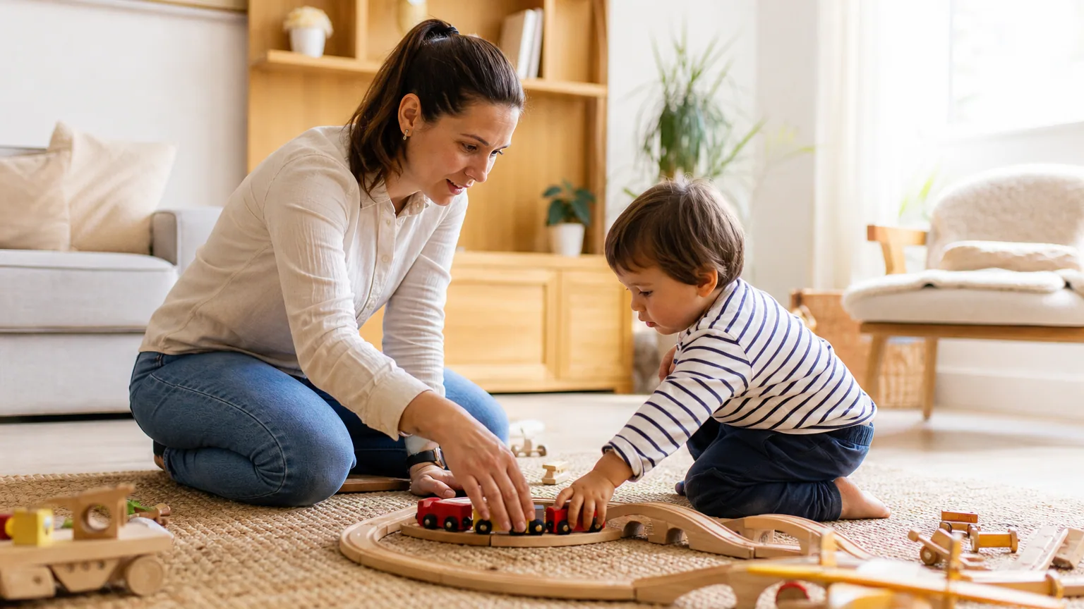 Garde d'enfants à domicile jouant avec un jeune enfant sur un tapis dans un salon lumineux