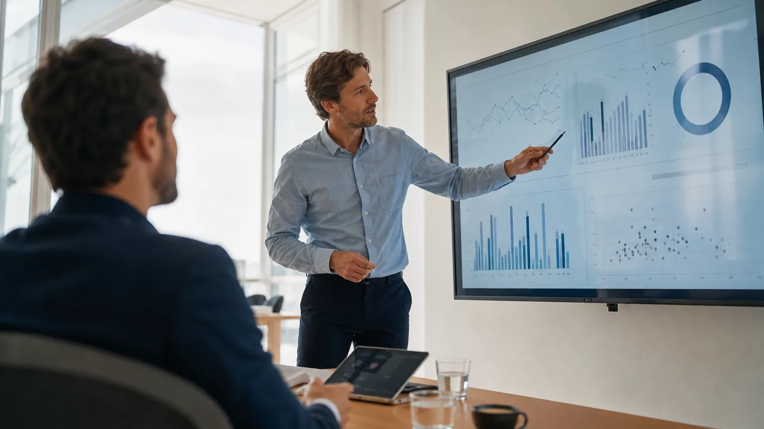 Consultant en intelligence artificielle indépendant présentant un tableau de données et de modèles sur un écran à un client