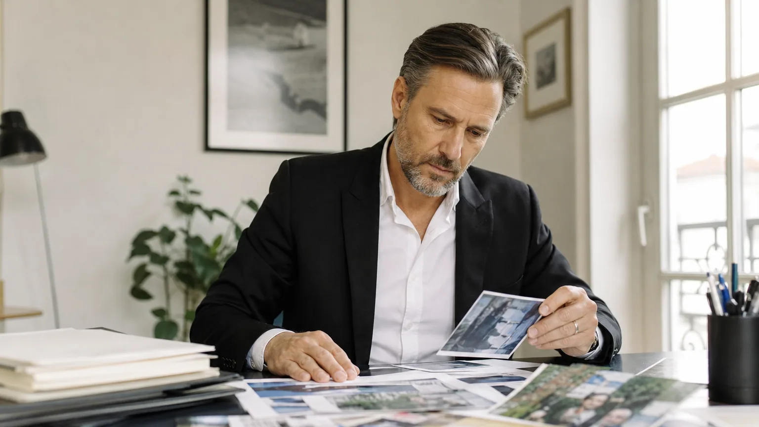 Détective privé indépendant consultant des documents et des photographies sur un bureau, ambiance de bureau discrète