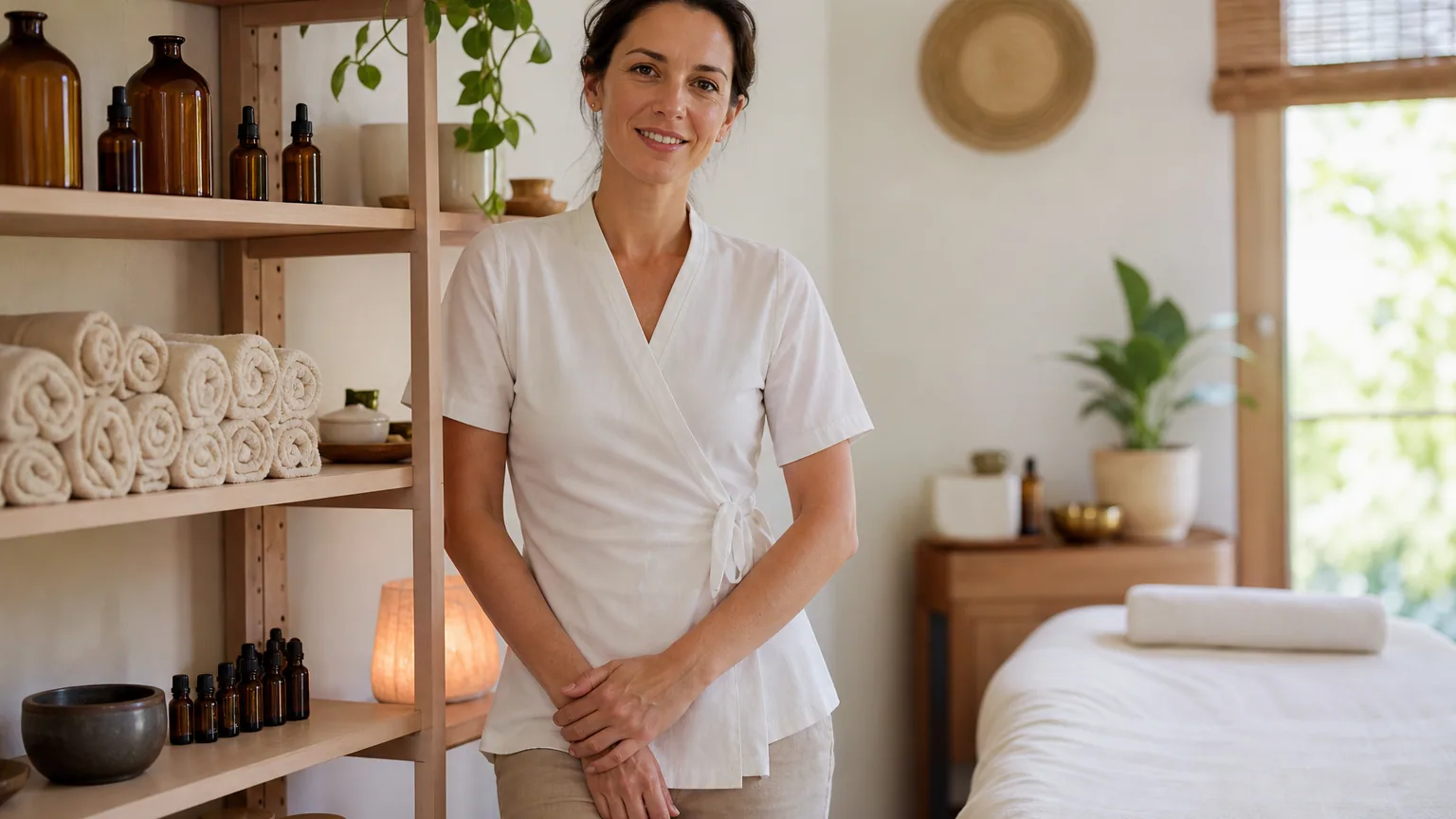 Praticienne bien-être souriante dans son cabinet de soin, huiles essentielles et serviettes propres disposées sur une étagère en bois