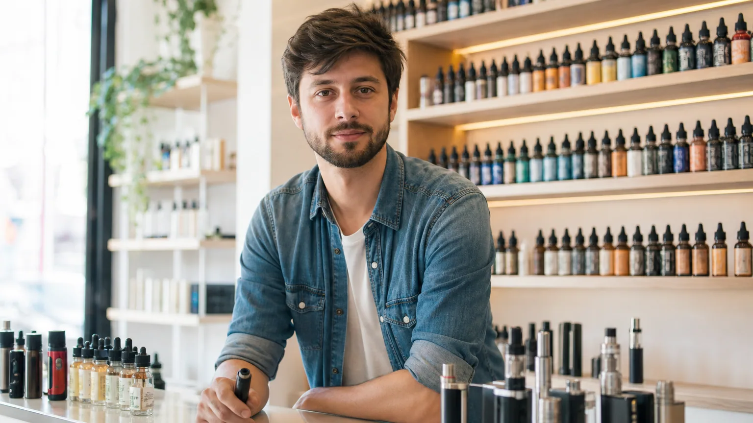 Vendeur indépendant de cigarettes électroniques et de flacons d'e-liquides disposés sur le comptoir d'une petite boutique