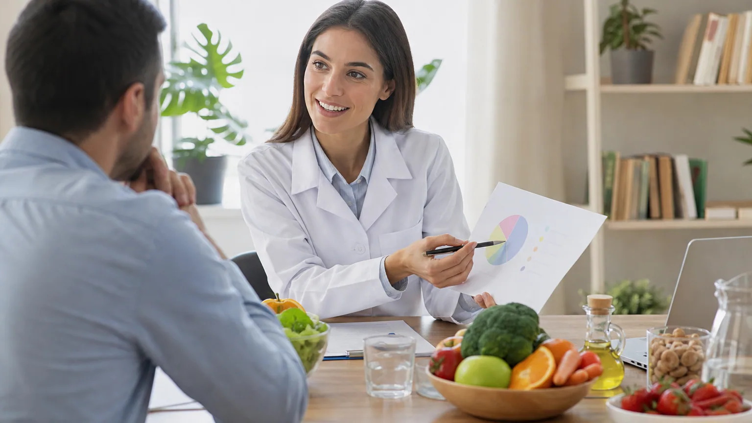 Diététicienne indépendante consultant un client autour d'une table, plan alimentaire et aliments sains disposés devant elle
