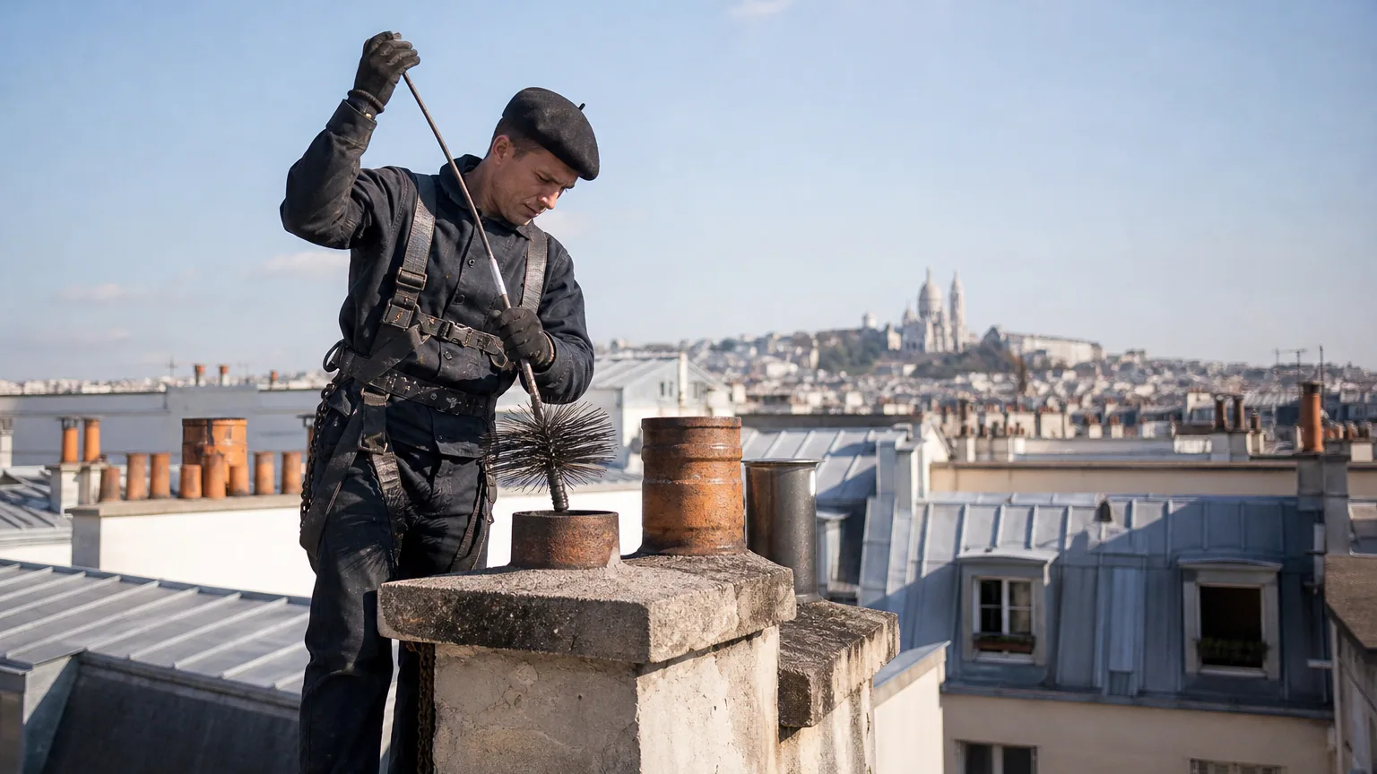 Ramoneur indépendant nettoyant un conduit de cheminée sur le toit d'une maison, équipement professionnel visible